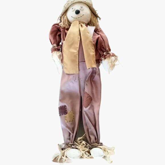 Scarecrow Figure Straw Hat Patchwork Outfit Shabby Distressed Rustic 33 in Tall - Picture 4 of 12